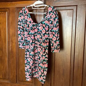 Billabong Pink Black Cotton Blend Bodycon Floral Dress Size L Scoop Neck & Back